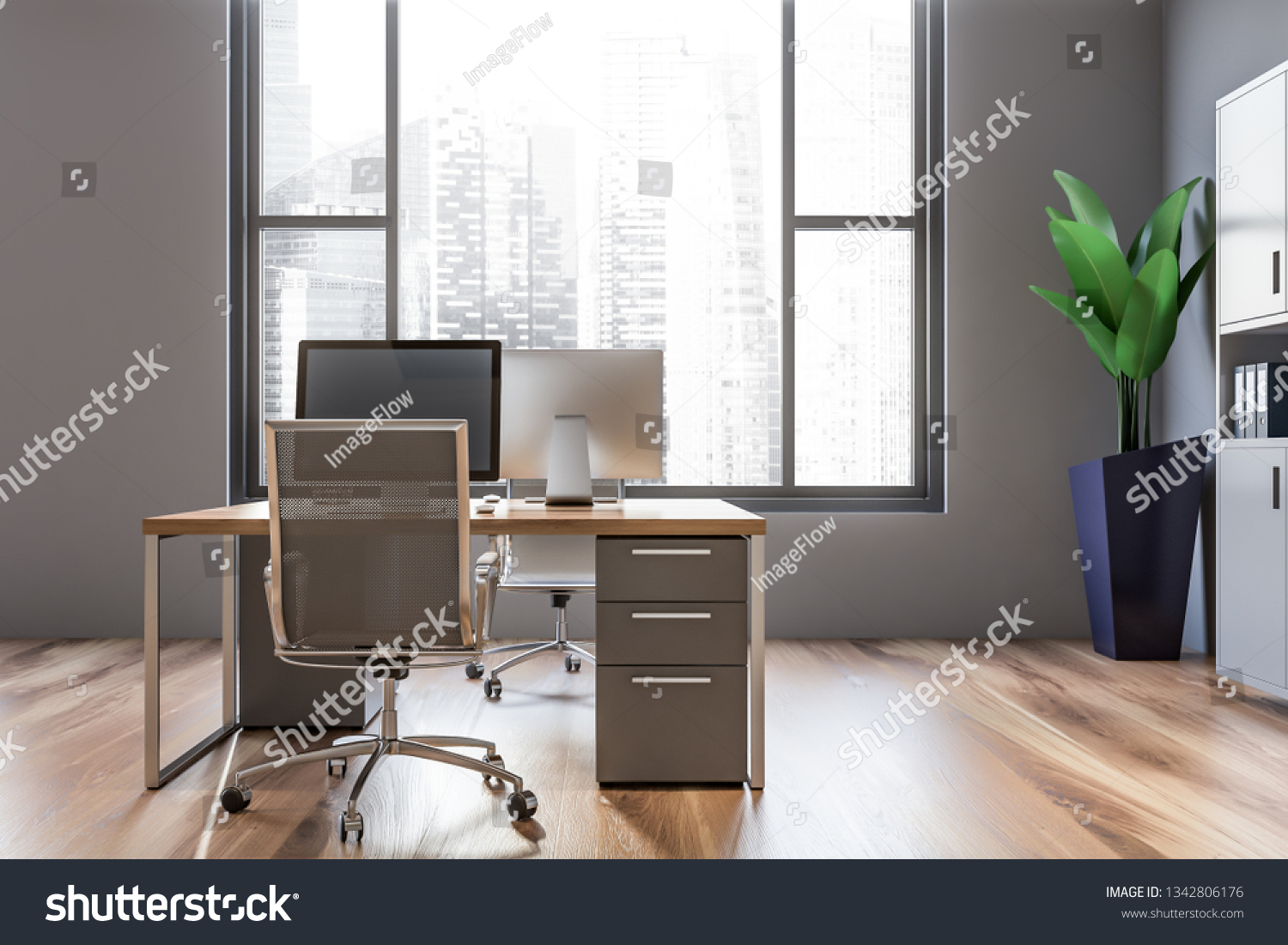 Interior Minimalistic Office Gray Walls Wooden Stock Illustration   Stock Photo Interior Of Minimalistic Office With Gray Walls Wooden Floor Big Window Wooden And Gray Computer 1342806176 