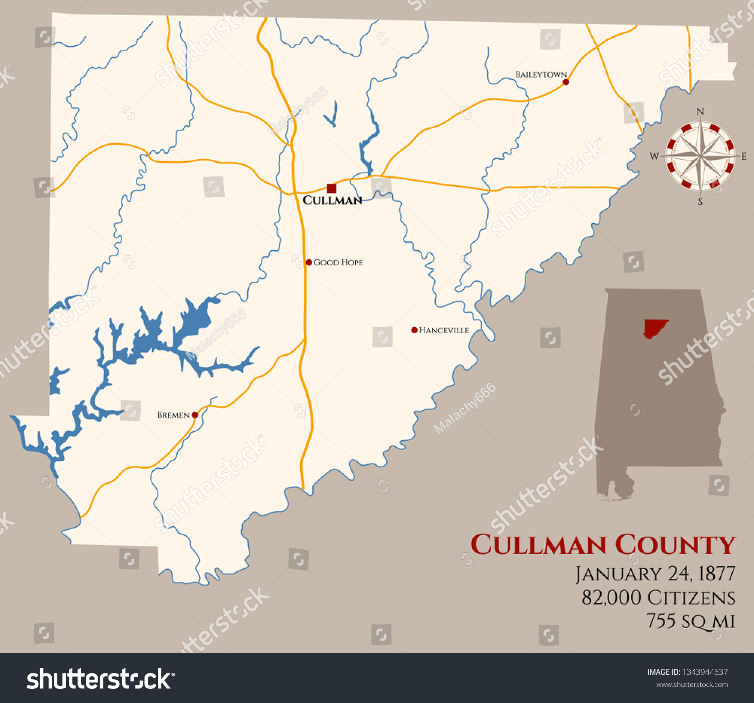 Large Detailed Map Cullman County Alabama Stock Vector Royalty Free 1343944637 Shutterstock 2750