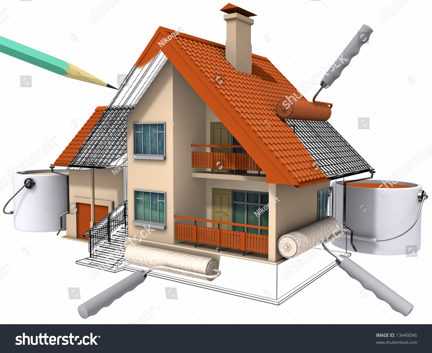 Colouring Constructed House By Paint Image Stock Photo 13440046