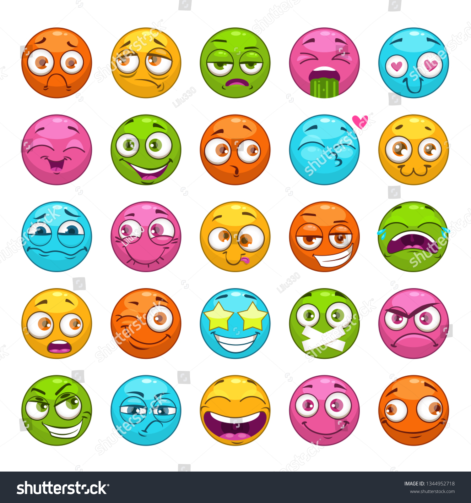 Funny Cartoon Emoji Characters Set Round Stock Vector (Royalty Free ...