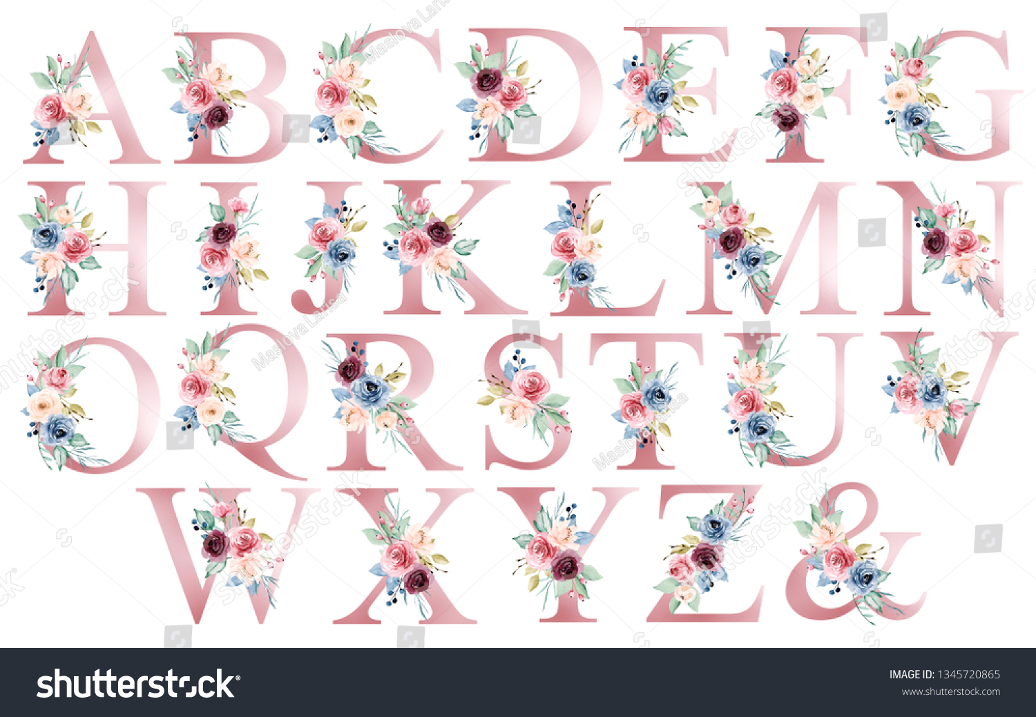 Floral Alphabet Letters Watercolor Flowers Leaf Stock Illustration ...