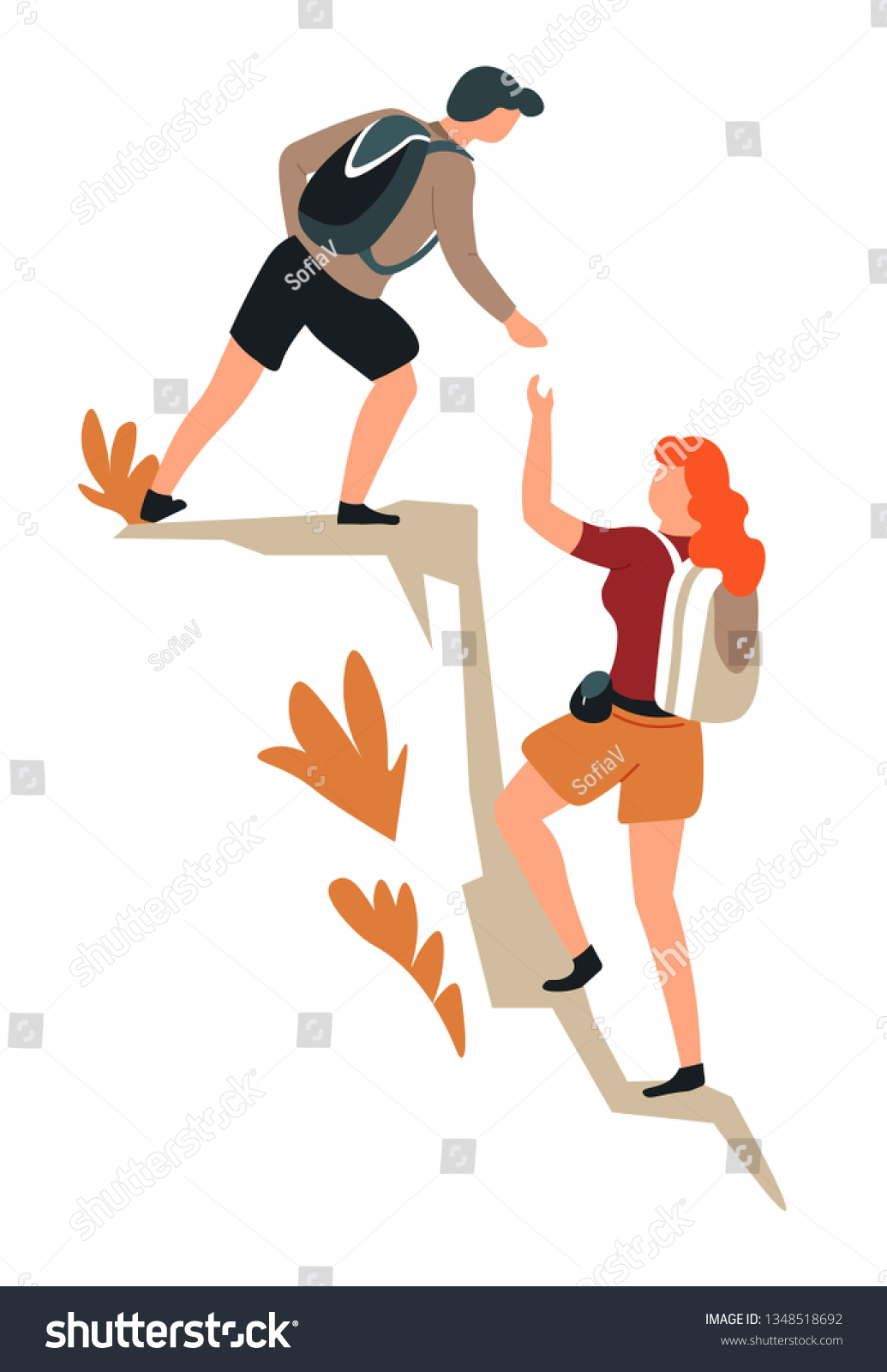 Hiking Man Woman Cliff Couple Climbing Stock Vector (Royalty Free ...