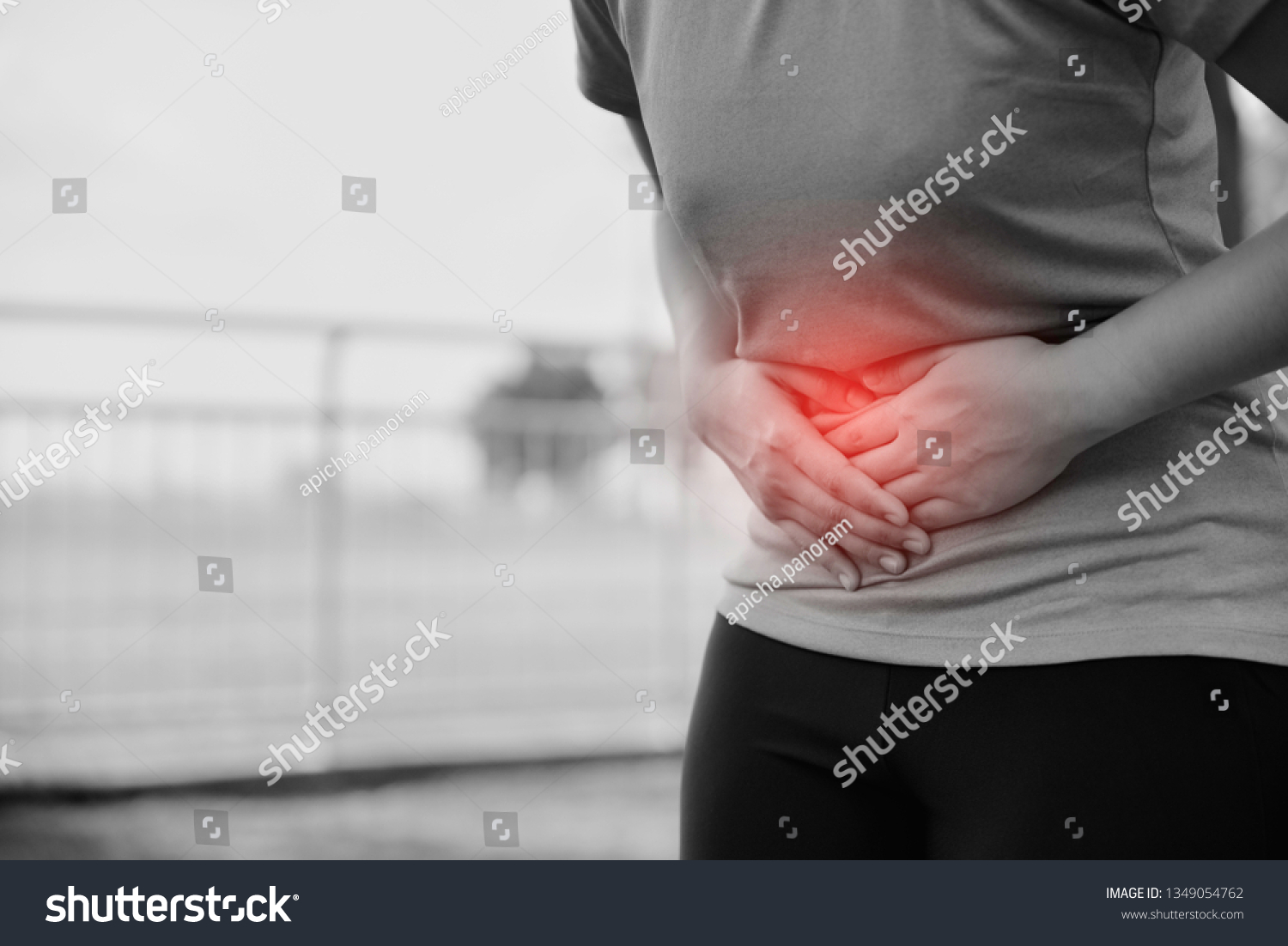 Woman Suffering Stomach Pain Running Workout Stock Photo 1349054762