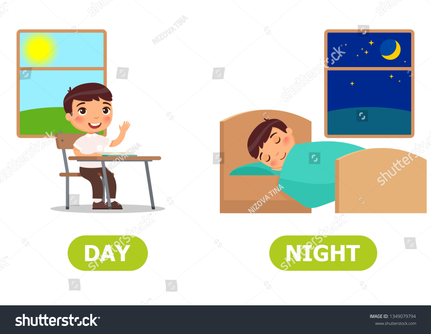 Day Night Antonyms Word Card Vector Stock Vector (Royalty Free ...