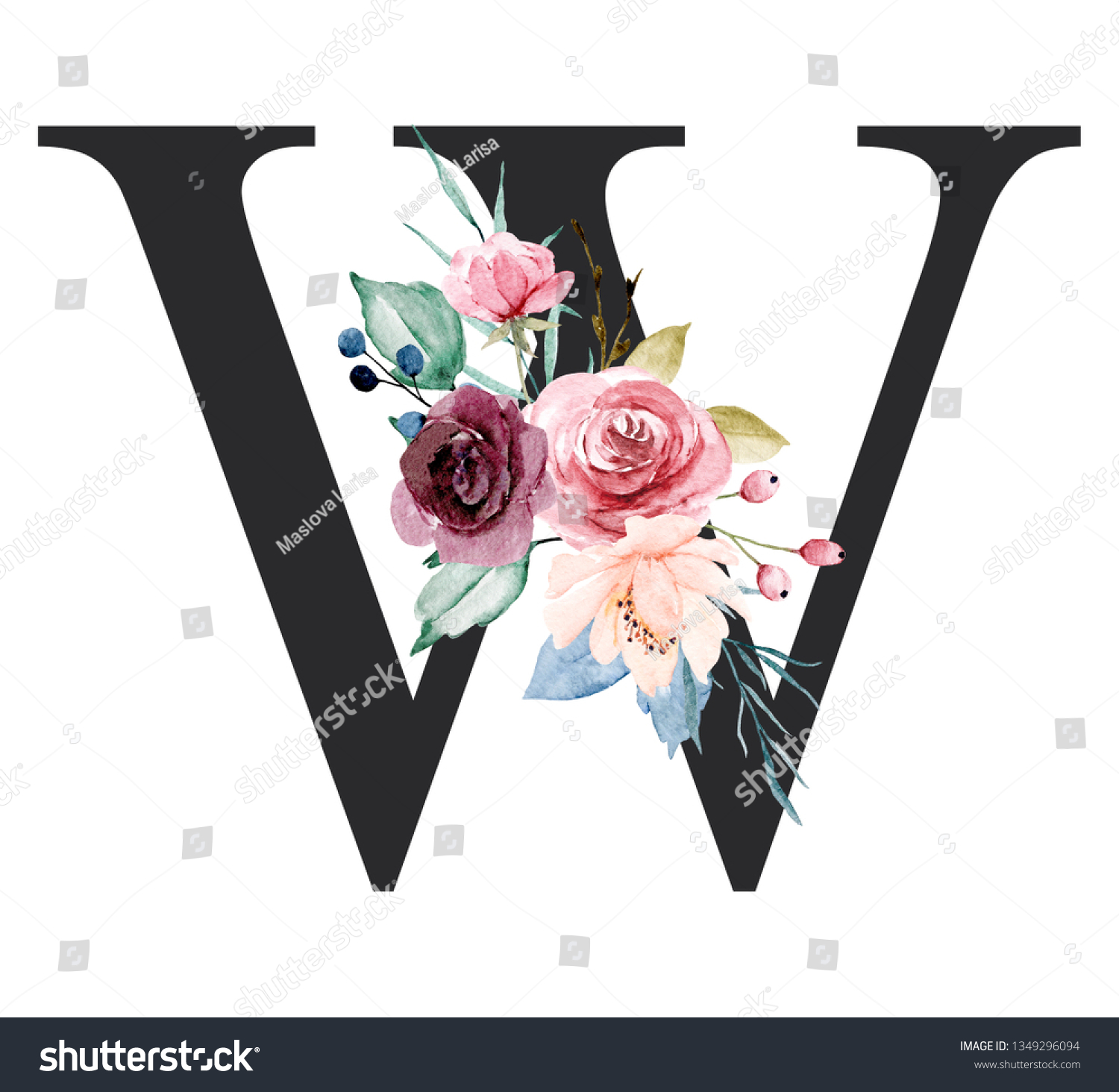 Floral Alphabet Letter W Watercolor Flowers Stock Illustration ...