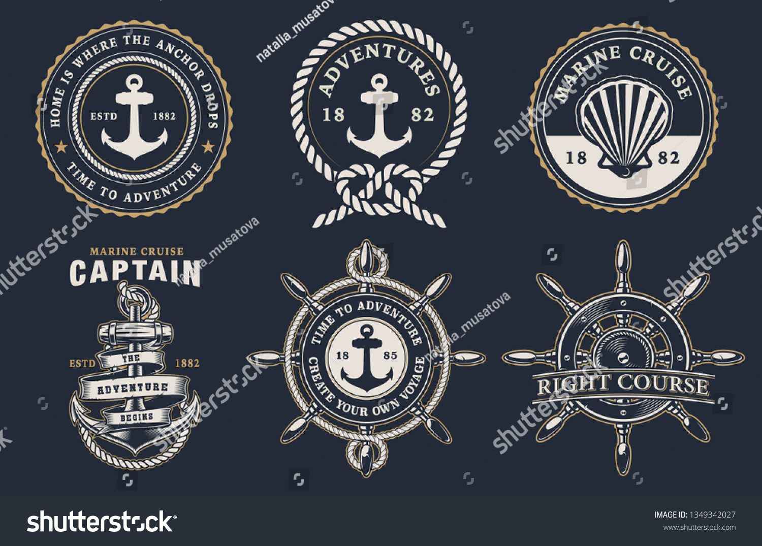Set Nautical Badges Steering Wheel Anchor Stock Vector (Royalty Free ...