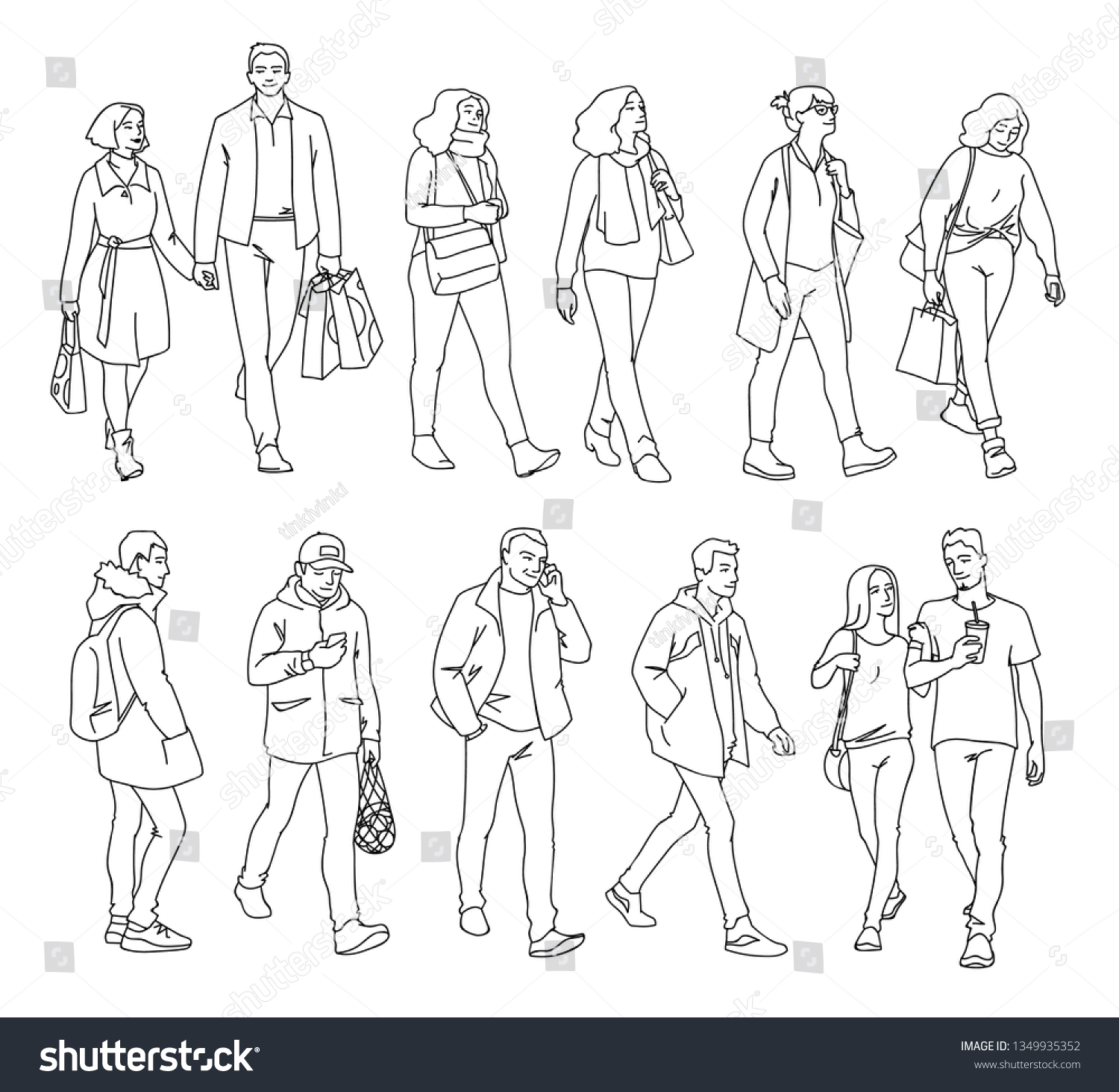 Set Men Women Standing Walking Monochrome Stock Vector (Royalty Free ...