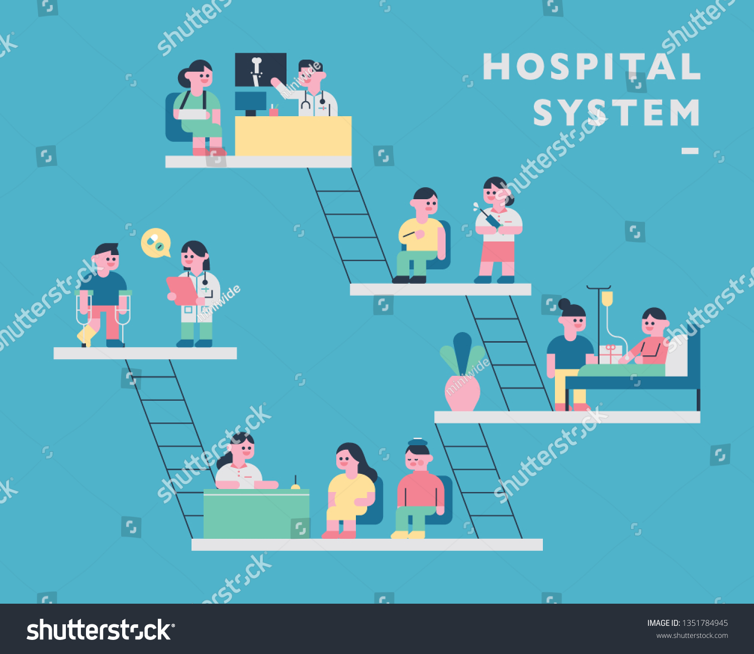 cute-characters-showing-hospital-system-information-stock-vector