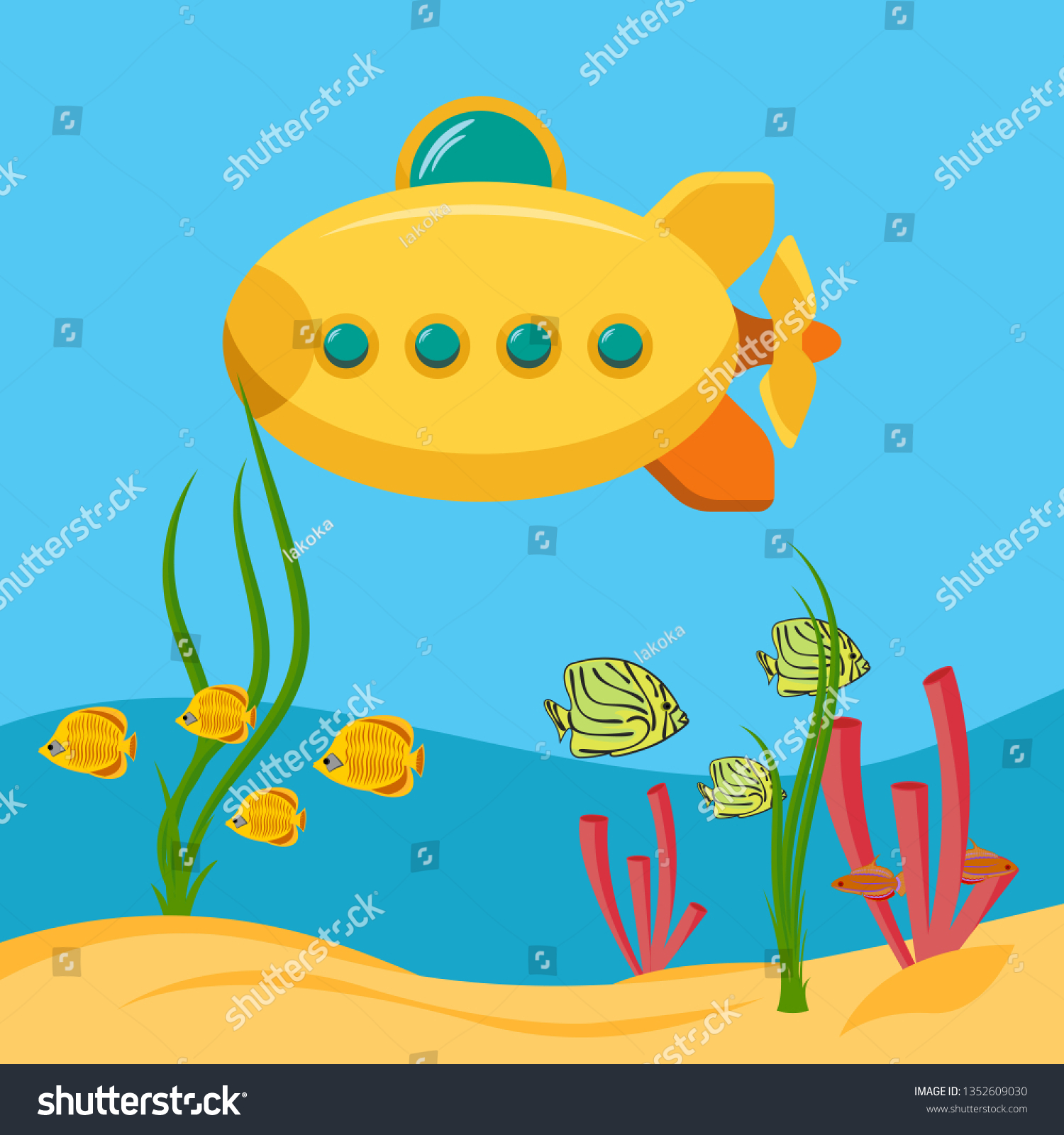 Yellow Submarine Underwater Fish Ocean Background Stock Vector (Royalty ...