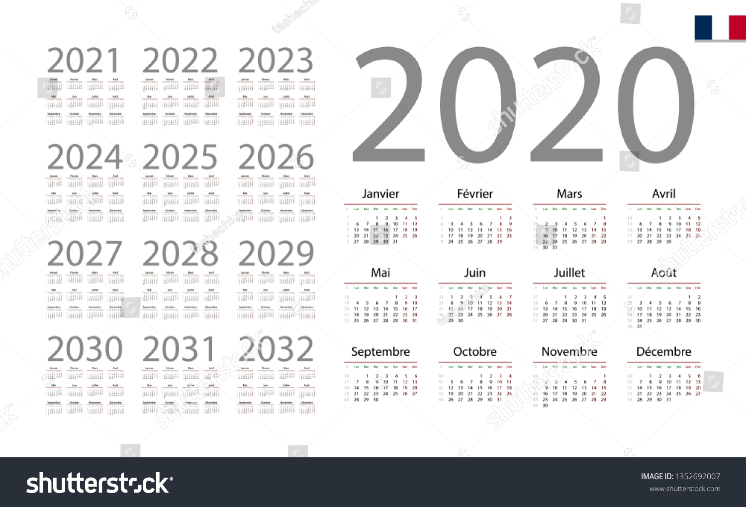 French Calendar 2020 Week Starts On Stock Vector (Royalty Free ...