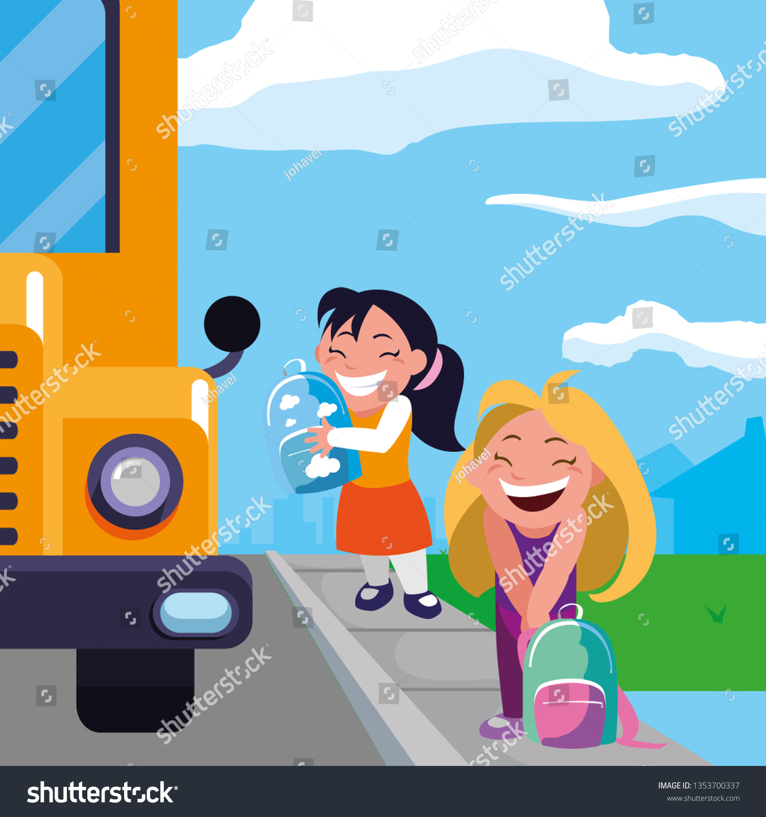 Happy Little School Girls Bus Stop Stock Vector Royalty Free 1353700337 Shutterstock 