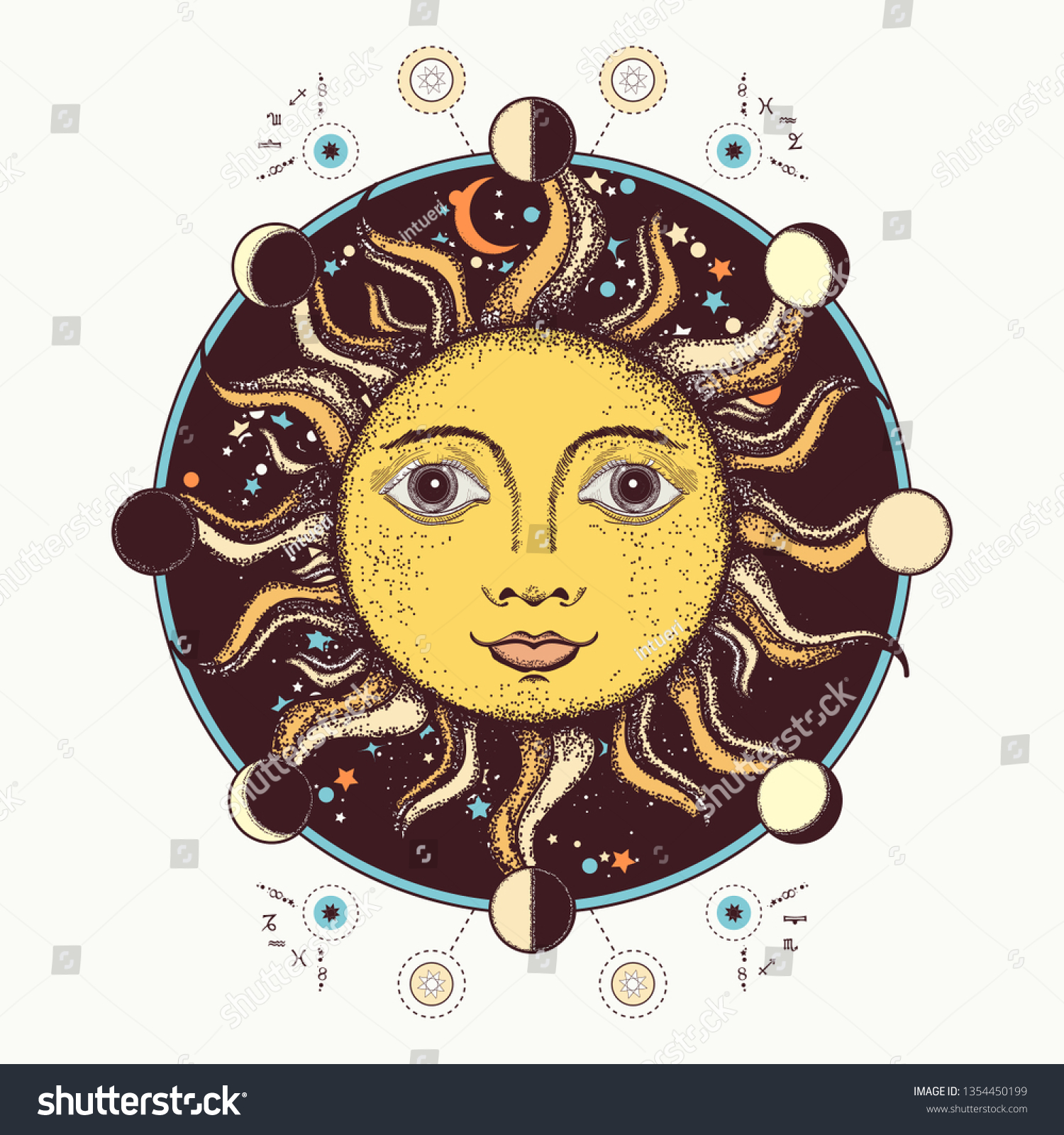 Medieval Sun Tattoo Art Moon Phases Stock Vector (Royalty Free ...