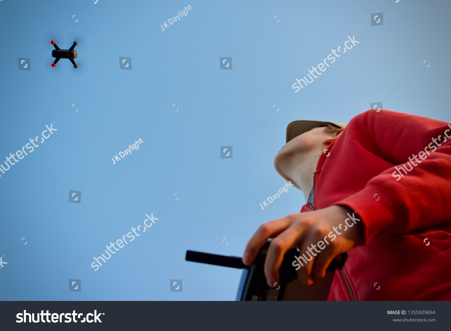 Caucasian Teenage Boy Flying Drone Blue Stock Photo 1355929694 ...