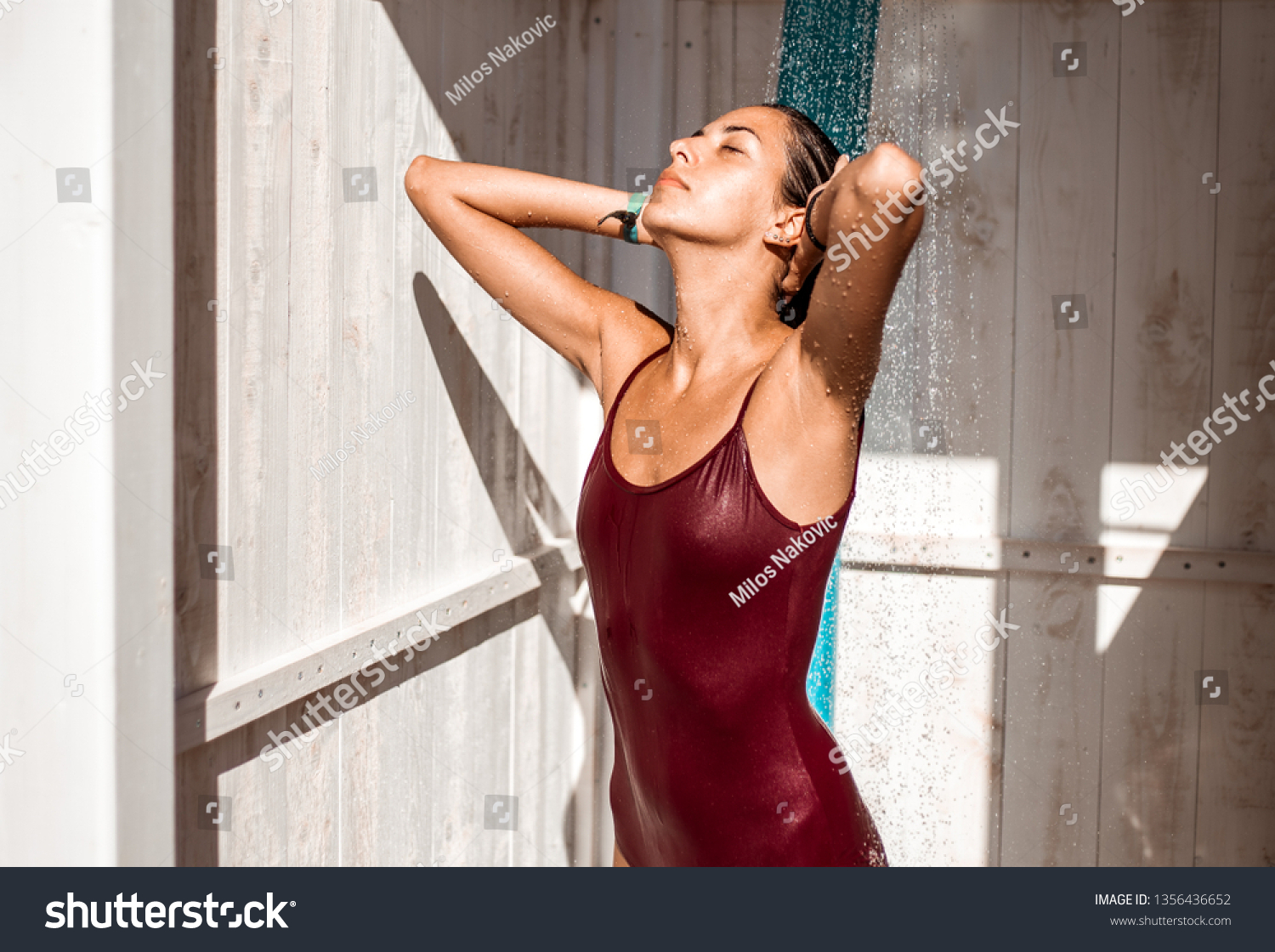 Woman Swimsuit Showering After Swimming Pool Stock Photo