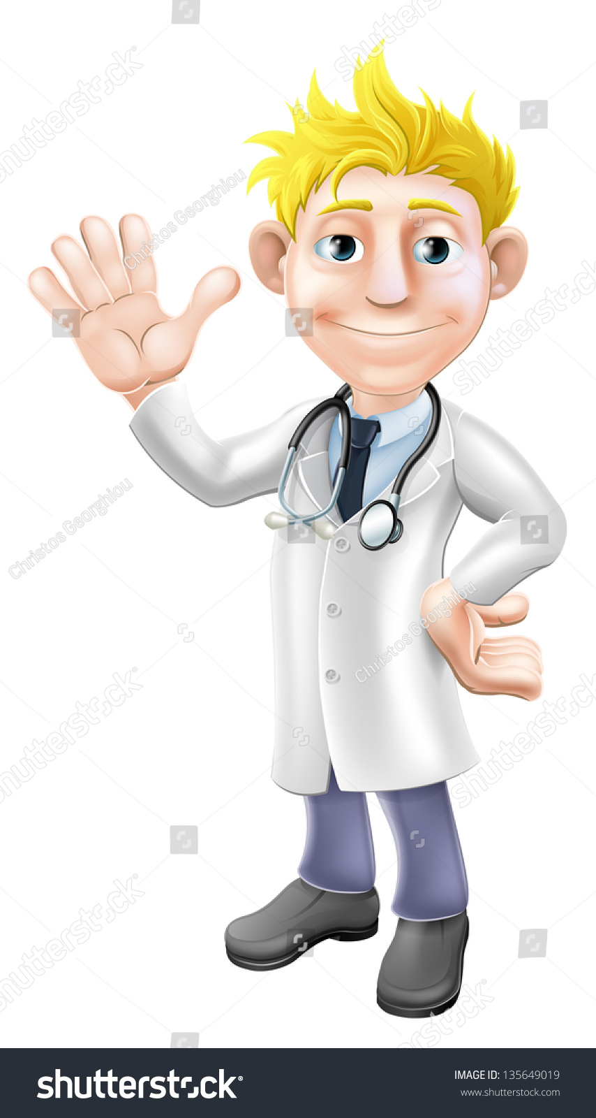 Illustration Young Cartoon Doctor Standing Waving 스톡 벡터로열티 프리