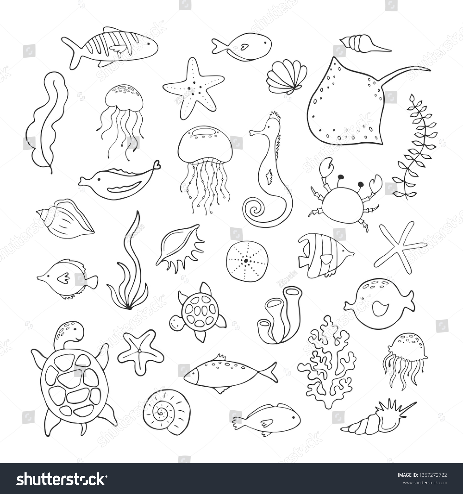 Set Cartoon Sea Animals On White Stock Vector (Royalty Free) 1357272722 ...