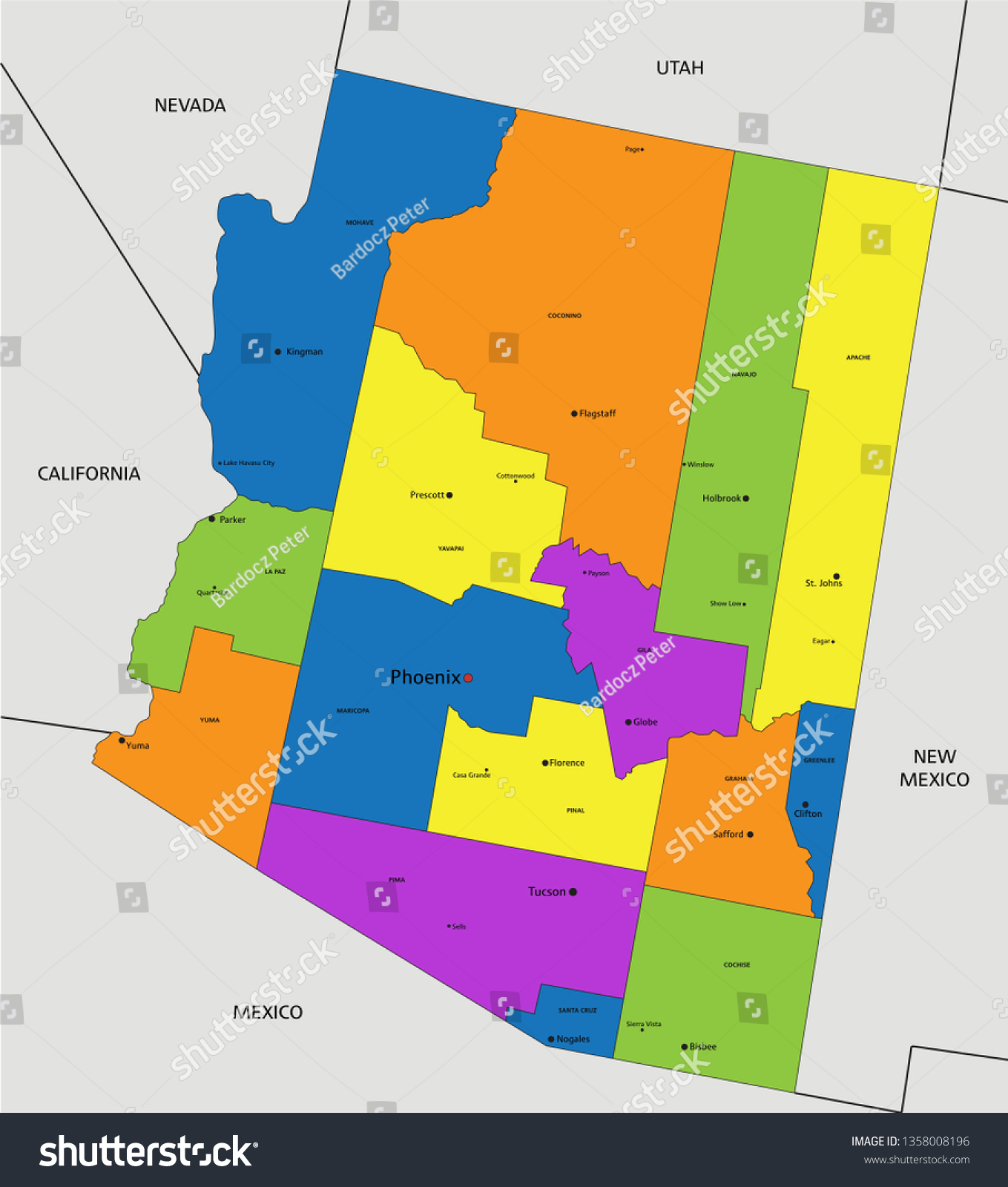 Colorful Arizona Political Map Clearly Labeled Stok Vektör (Telifsiz