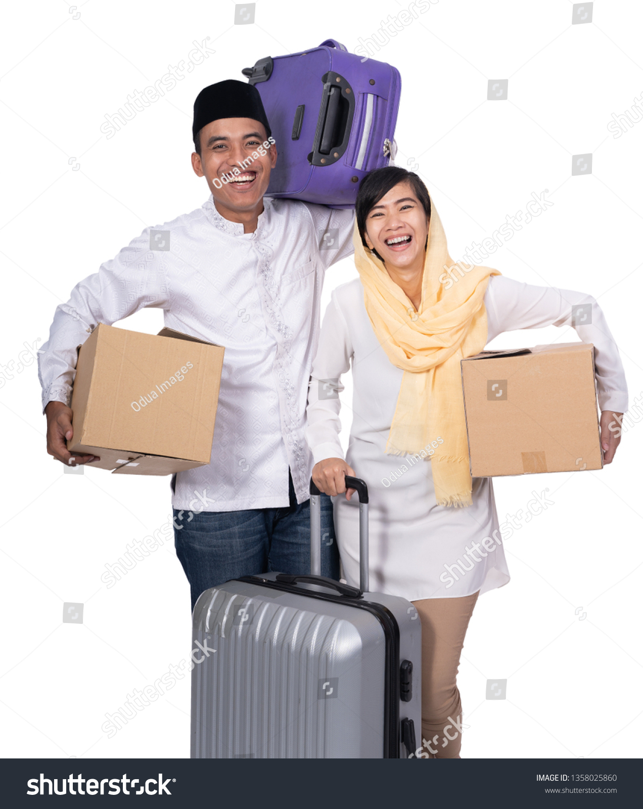 Muslim Asian Couple Travel Suitcase Going Stock Photo 1358025860 ...