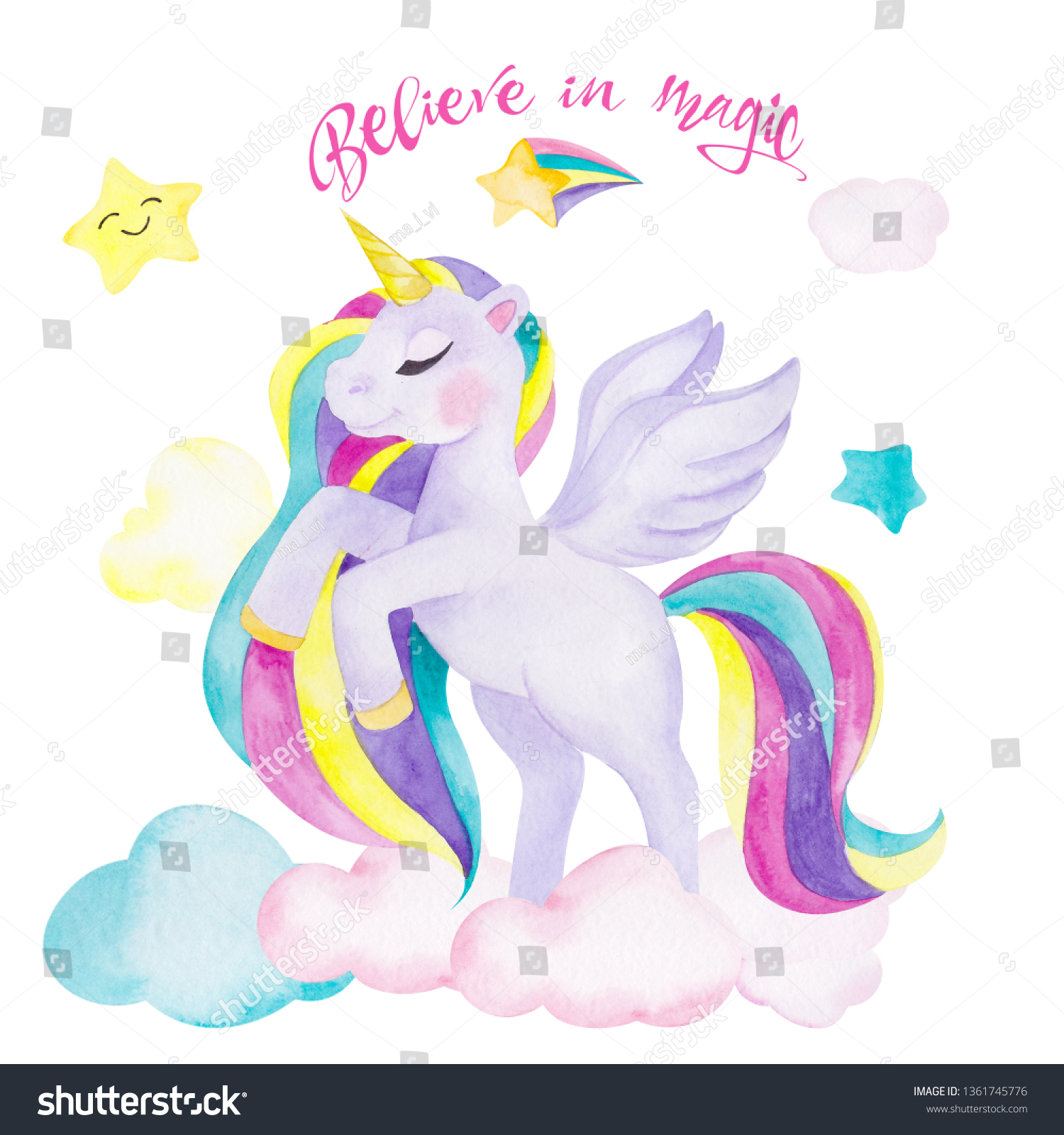 Watercolor Illustration Cute Unicorn Star Clouds Stock Illustration ...