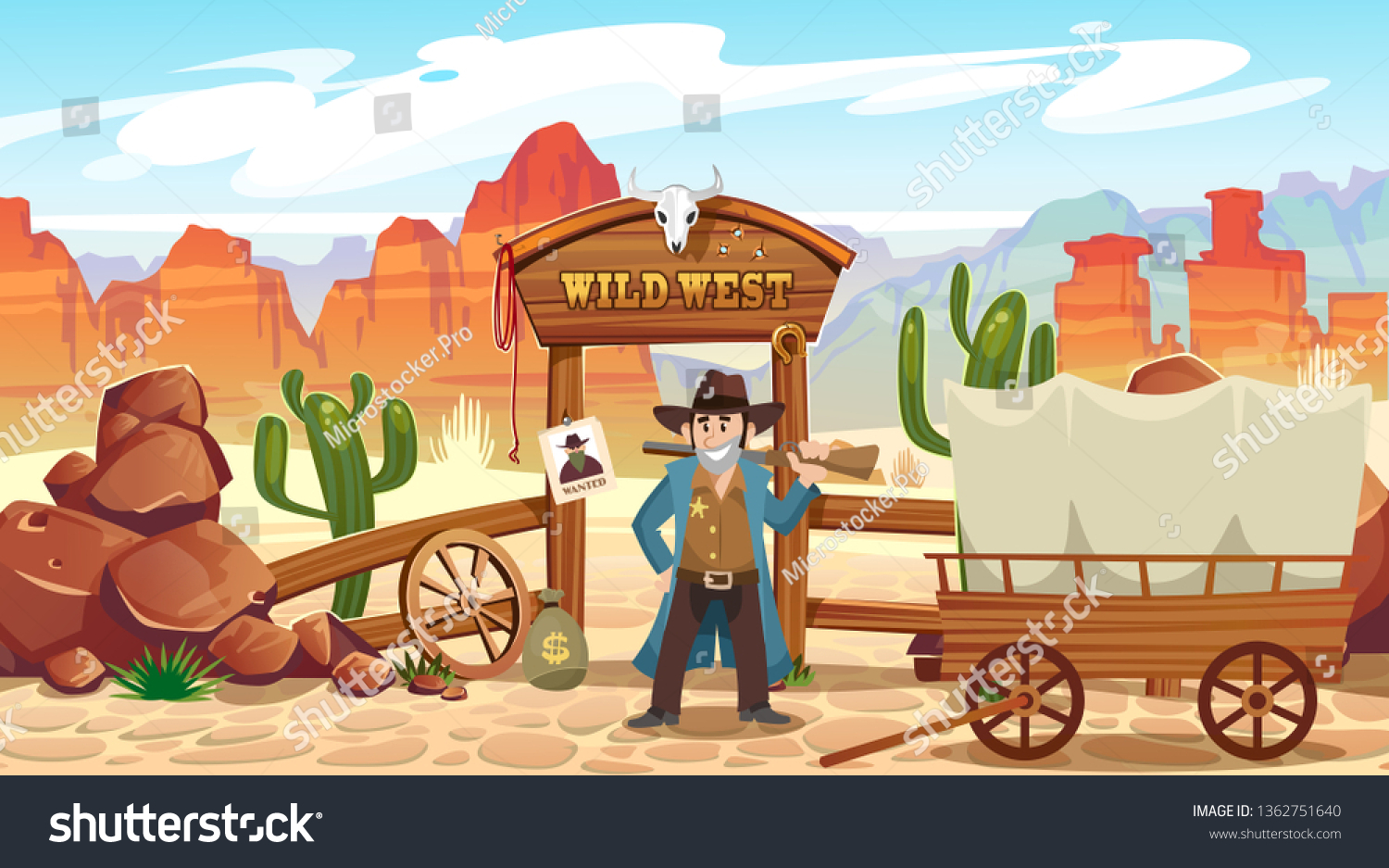 Wild West Cartoon Illustration Cowboy Skull Stock Vector (Royalty Free ...