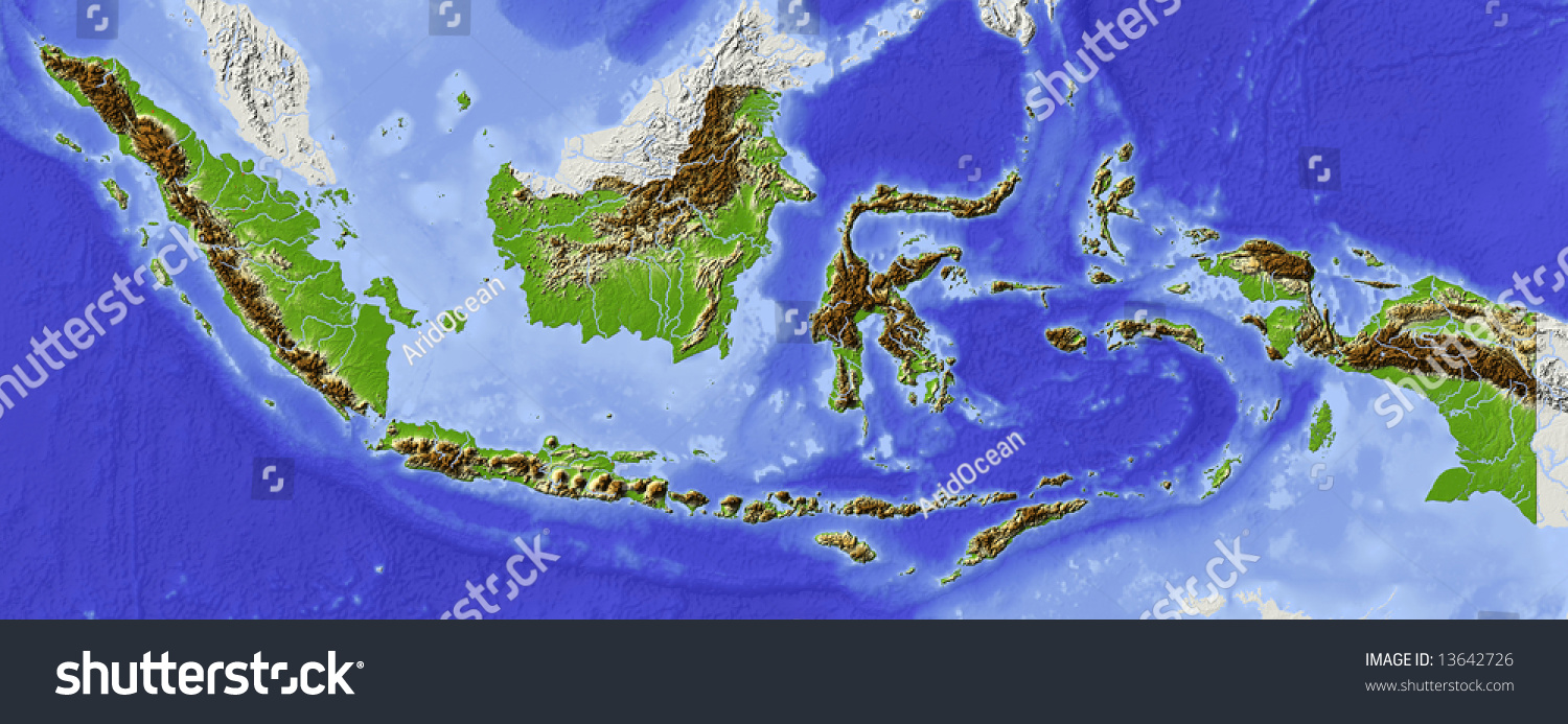 Indonesia Shaded Relief Map Surrounding Territory 库存插图 13642726