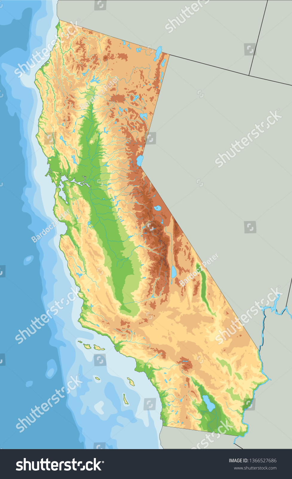 High Detailed California Physical Map Stock Vector Royalty Free Stock Vector High Detailed California Physical Map 1366527686