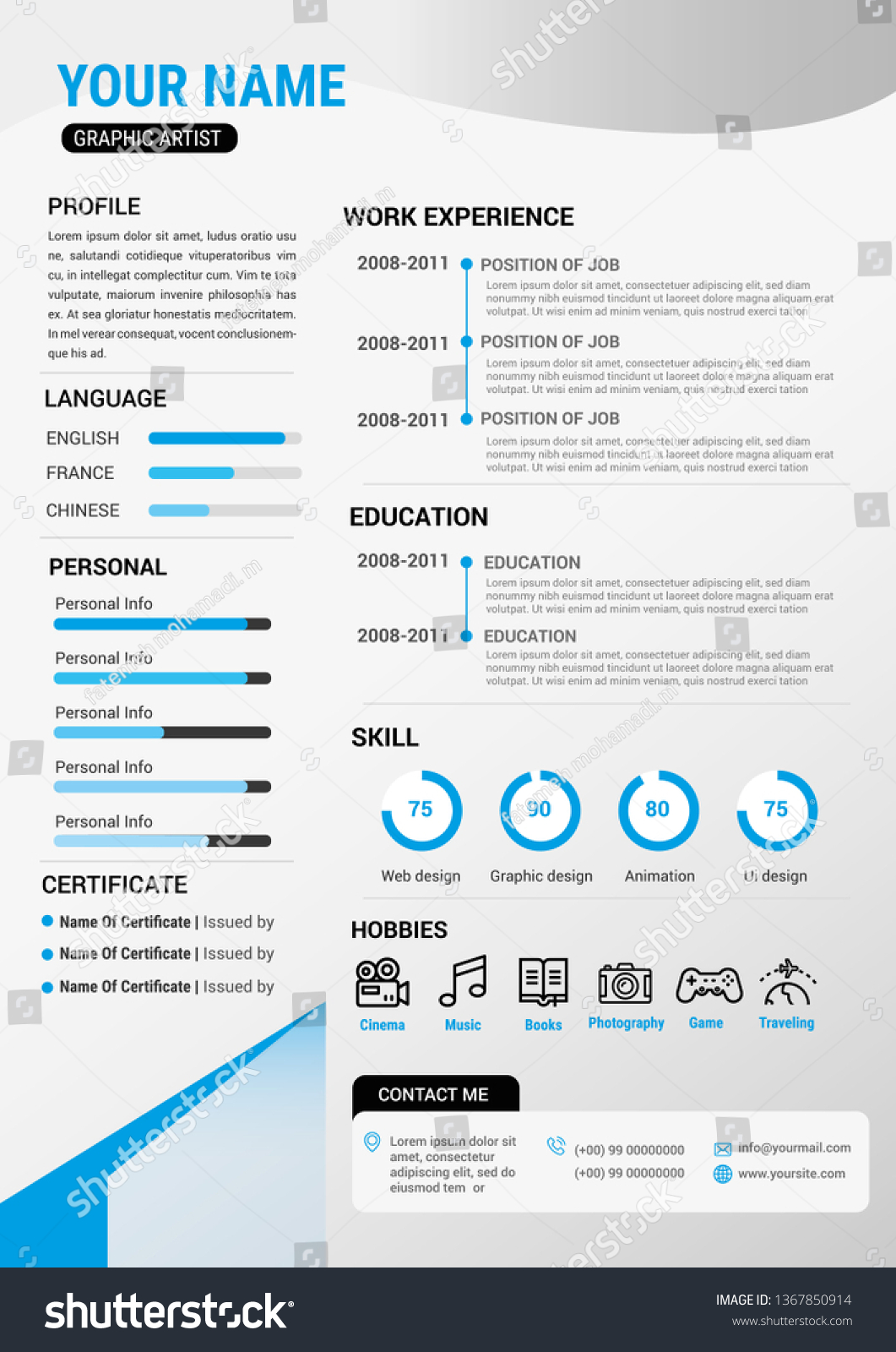 Resume Cv Template Blue Stock Vector (Royalty Free) 1367850914 ...