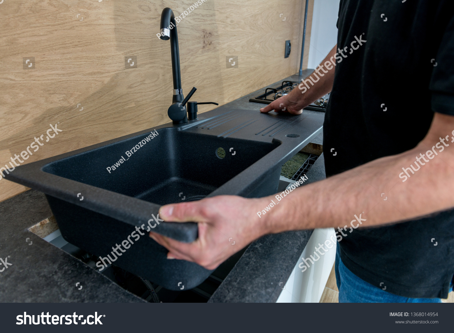 5 956 Kitchen Sink Install Images Stock Photos Vectors Shutterstock   Stock Photo Installing A New Ceramic Sink In Kitchen 1368014954 