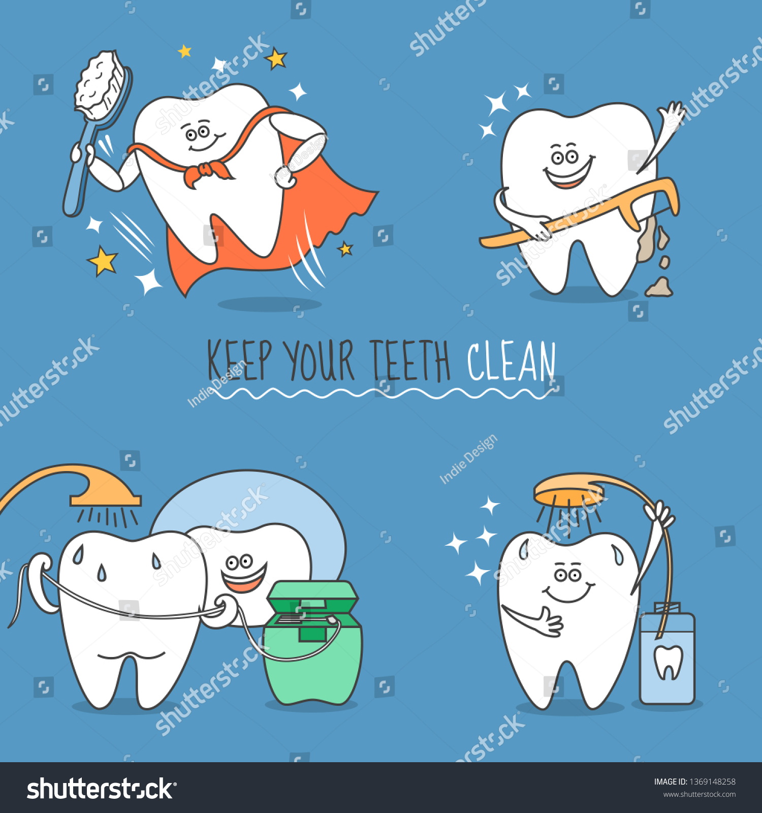 Teeth Cartoon Set Tooth Brush Floss Stock Vector (Royalty Free