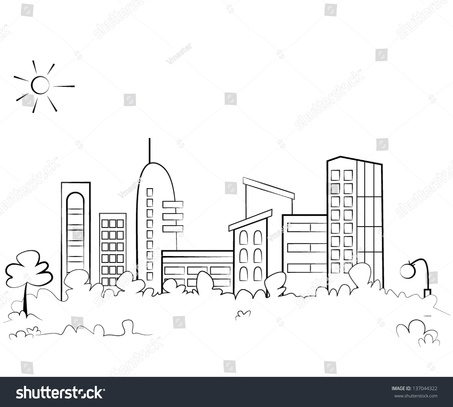 Panorama Town Sketch Illustration Stock Vector (Royalty Free) 137044322 ...