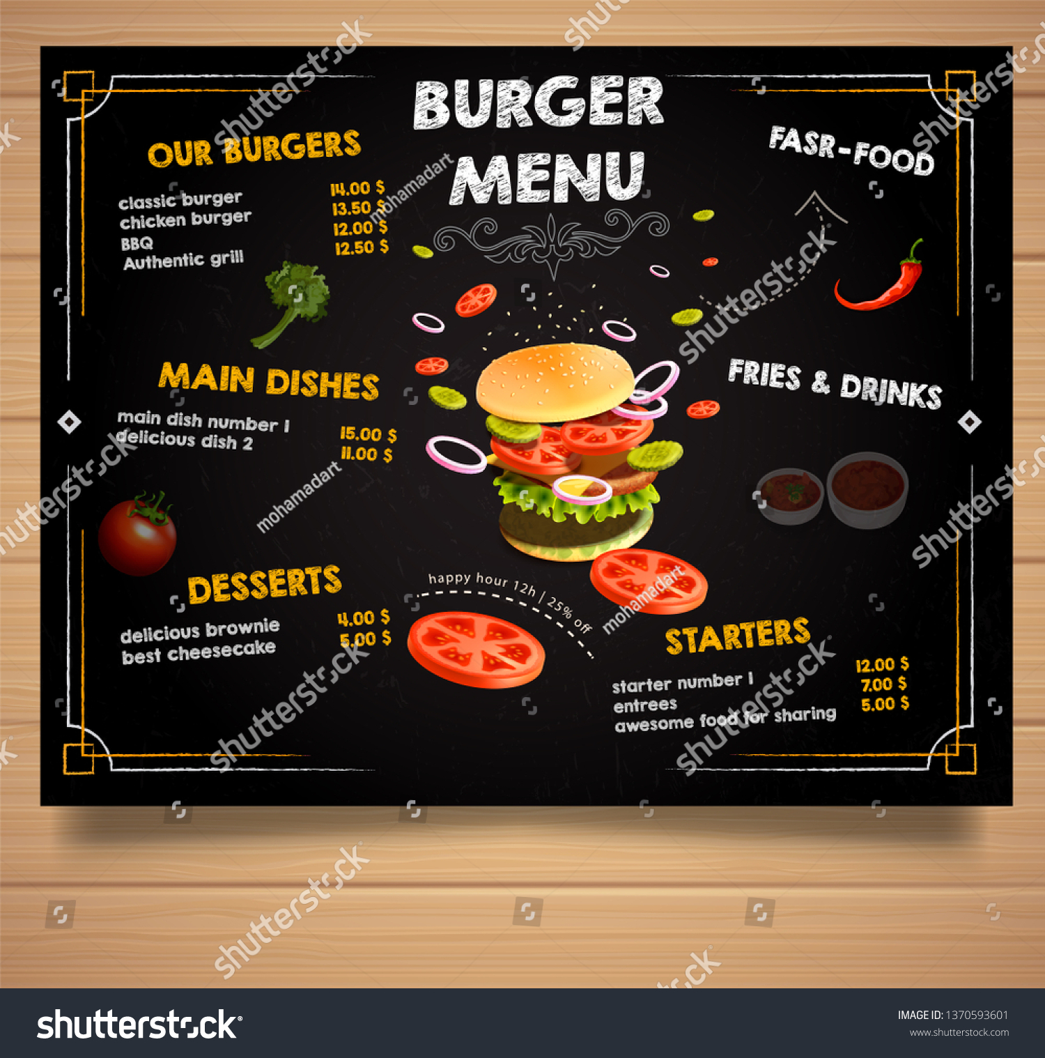 Burger Menu Poster Design On Chalkboard Stock Vector (Royalty Free ...