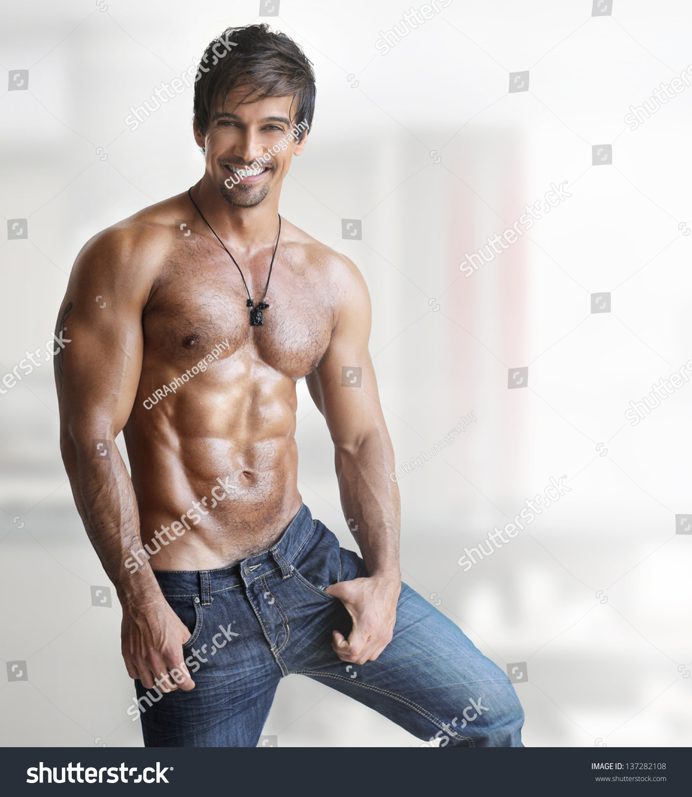Sexy Smiling Shirtless Male Model Muscular Foto Stok Shutterstock