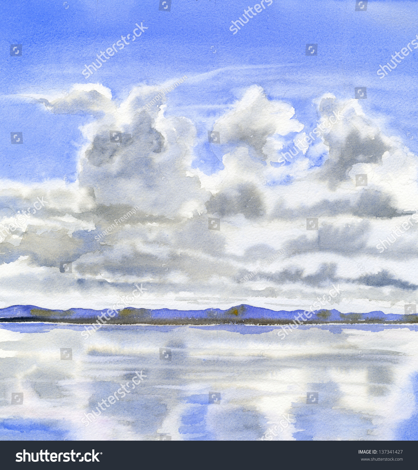 Пейзаж с облаками акварелью