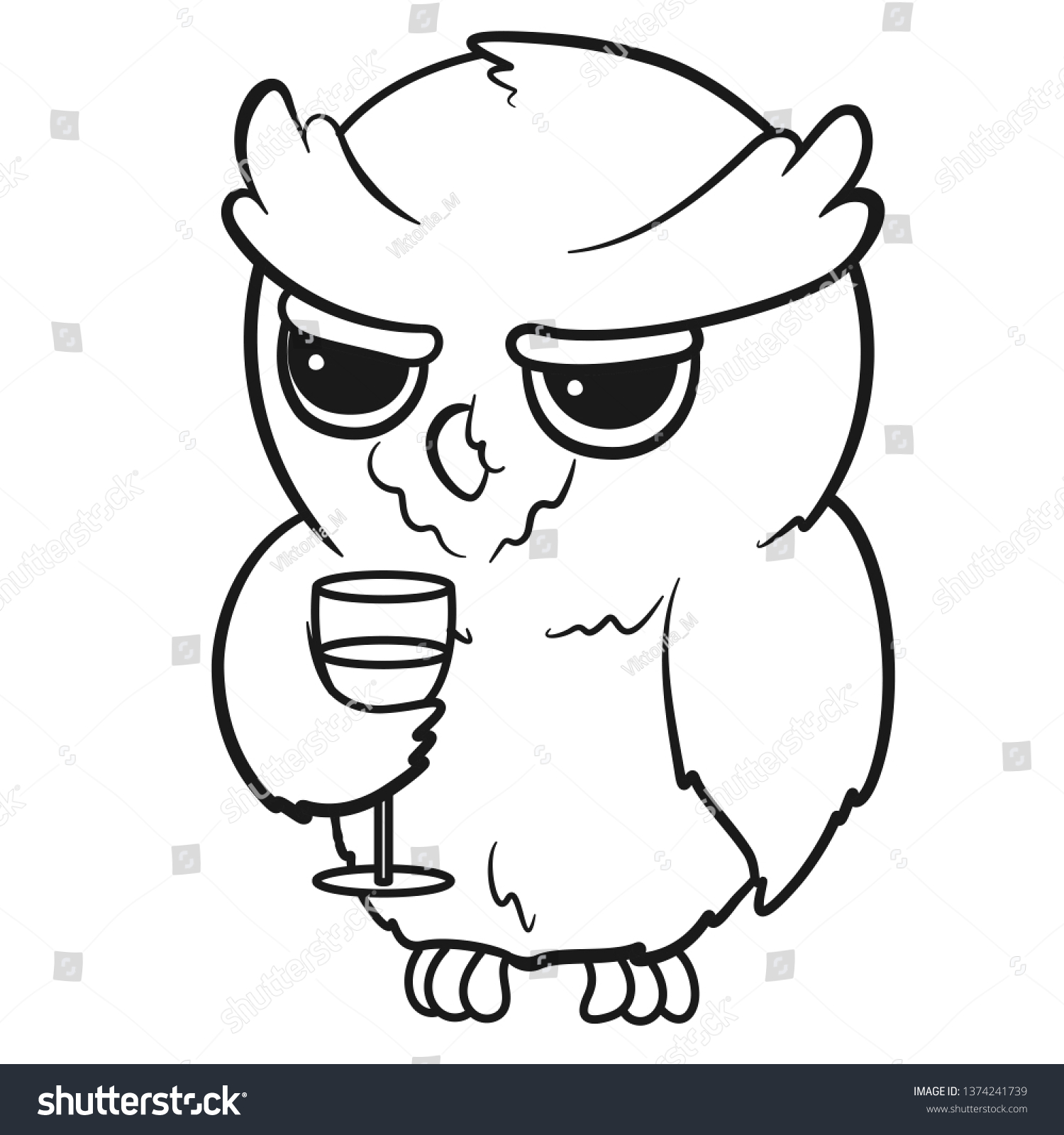 Cute Cartoon Sad Owl Glass Wine Stock Vector Royalty Free 1374241739