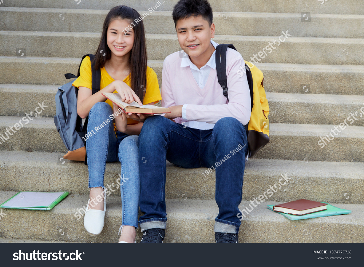 Two Students Guy Girl Studying Stairs Stock Photo 1374777728 | Shutterstock