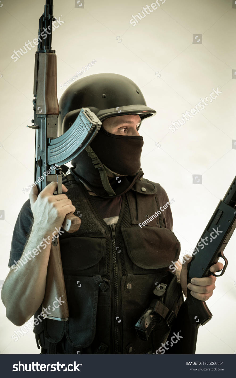 Thief Man Armed Shotgun Bulletproof Vest Stock Photo 1375060601 ...