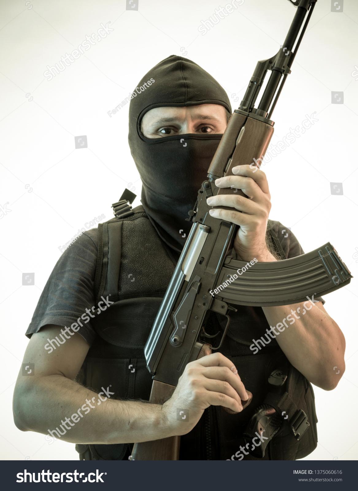 Thief Man Armed Shotgun Bulletproof Vest Stock Photo 1375060616 ...