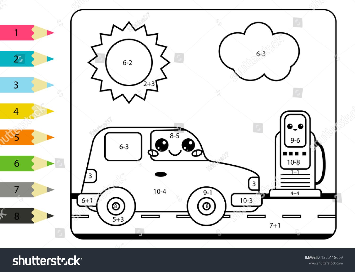 Mathematical Coloring Page Kids Kawaii Car Stock Vector (Royalty Free ...