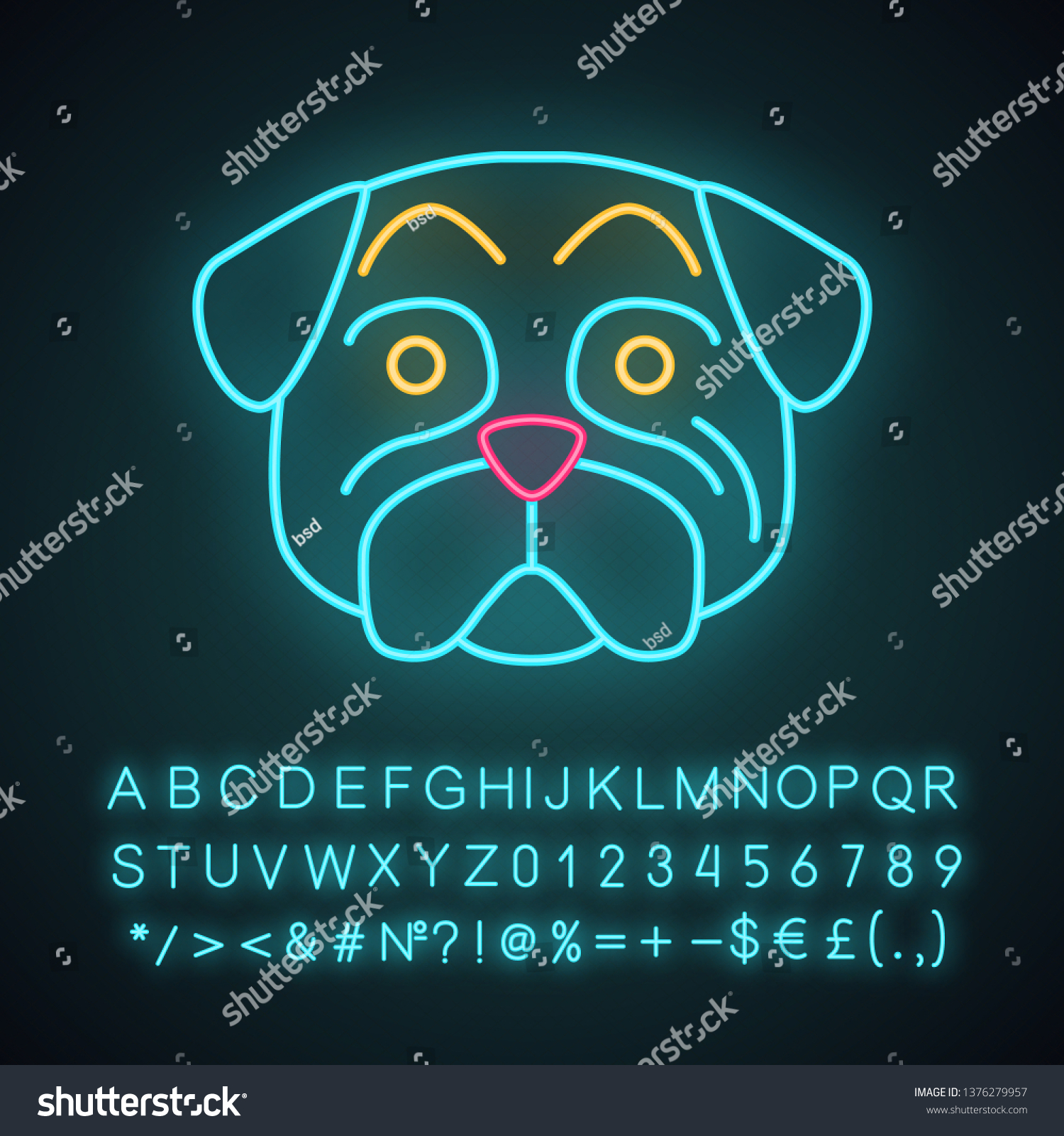 Pug Cute Kawaii Neon Light Character Stock Vector (Royalty Free ...