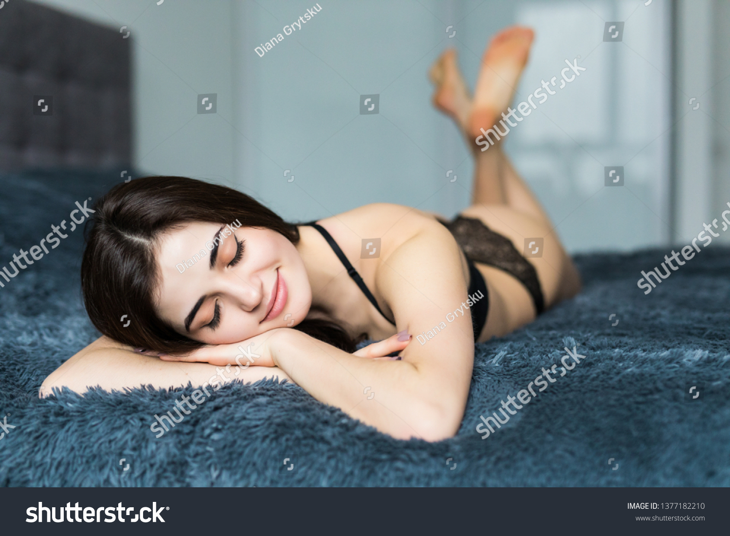 Sexy Beautiful Brunette Woman Lying Bed