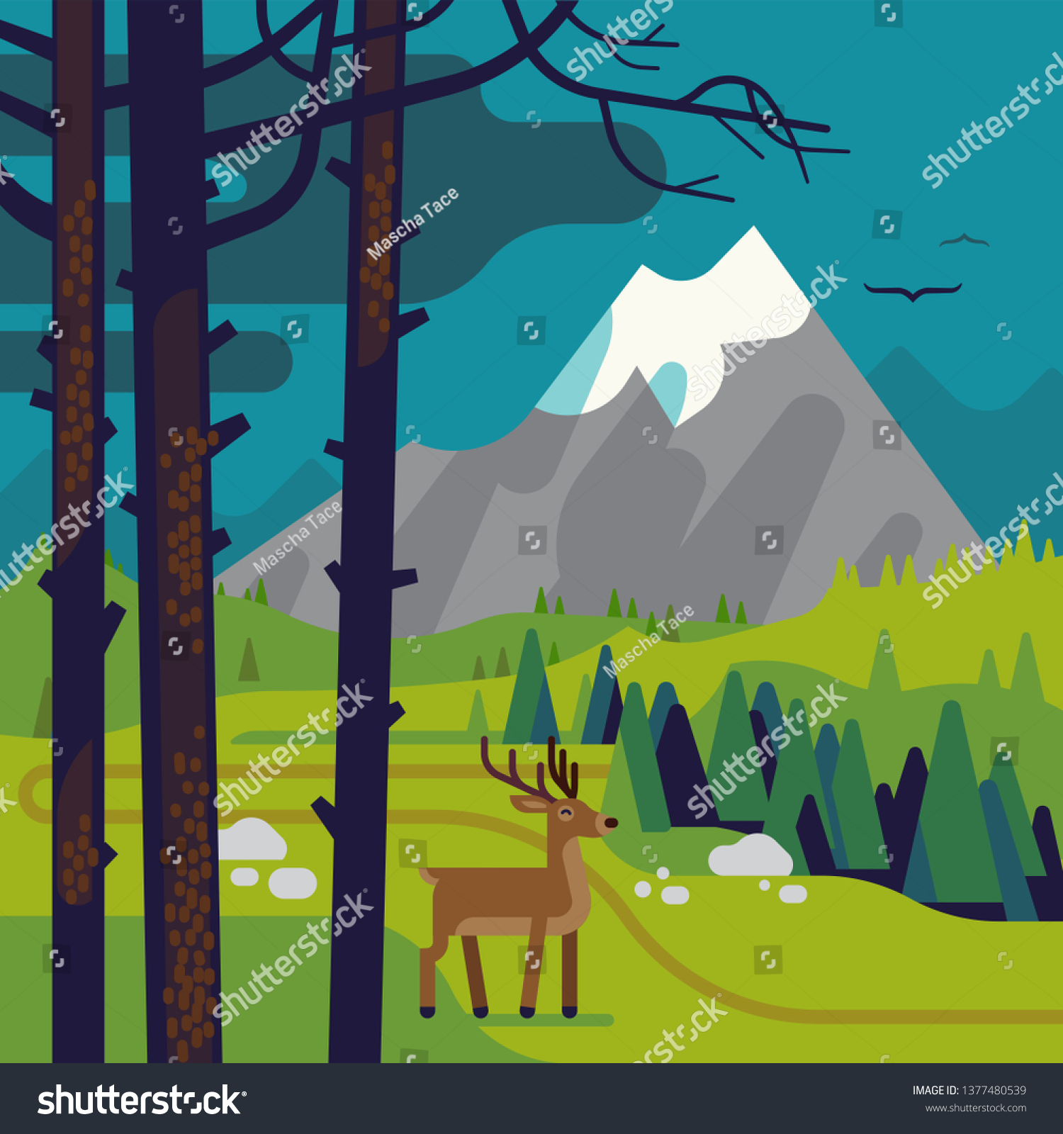Quality Flat Vector Mountain Forest Scene Stock Vector (Royalty Free ...