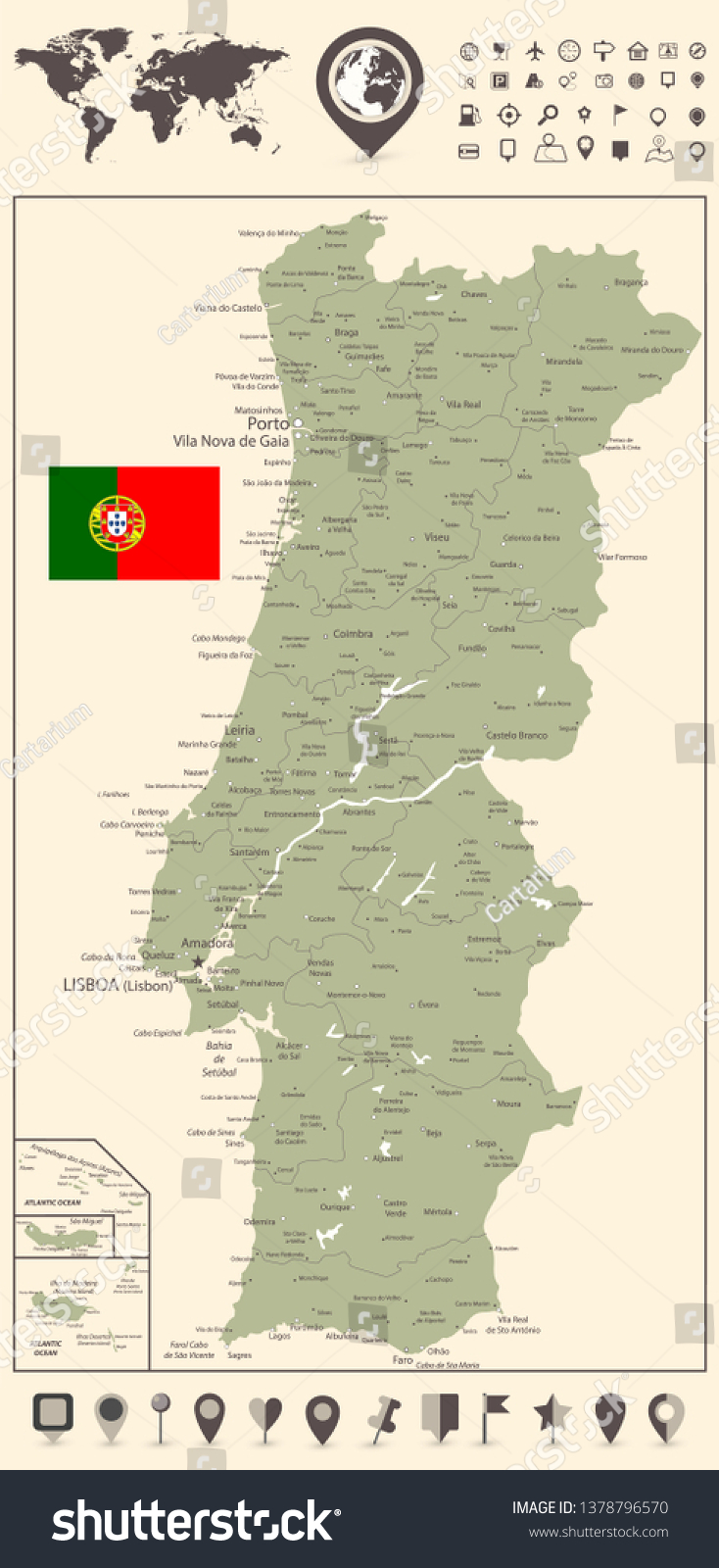 Portugal Map World Map Navigation Icons Vector De Stock Libre De Stock Vector Portugal Map And And World Map With Navigation Icons Detailed Map Of Portugal Vector Illustration 1378796570