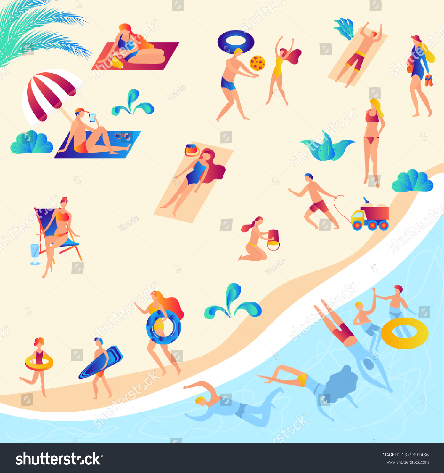 Illustration Beach People Rest Swimming Sea Stock Vector (Royalty Free ...