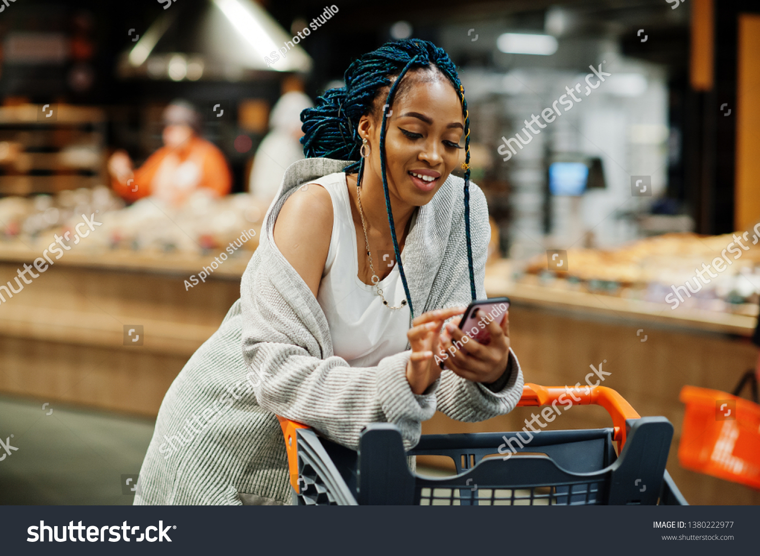 African American Woman Shopping Cart Trolley Stock Photo 1380222977 ...