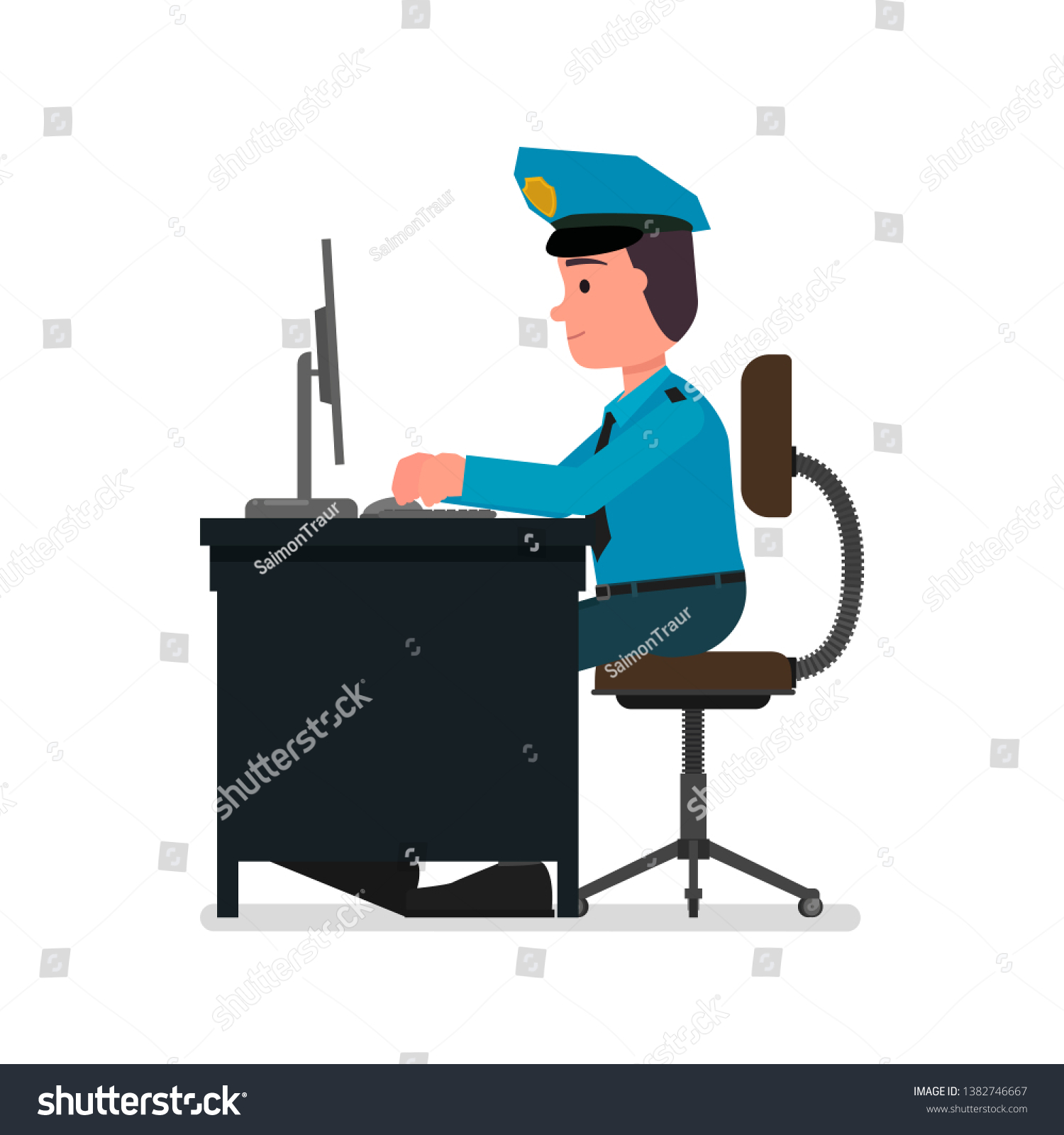 Policeman Works Computer Isolated On White Stock Vector (Royalty Free ...