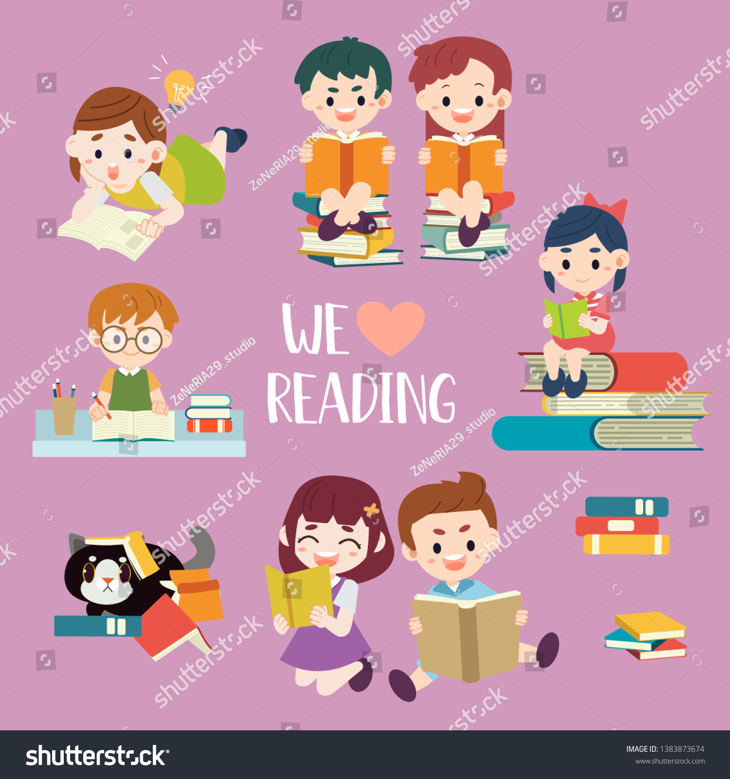 Collection Kids Reading Book Flat Vector Stock Vector (Royalty Free ...