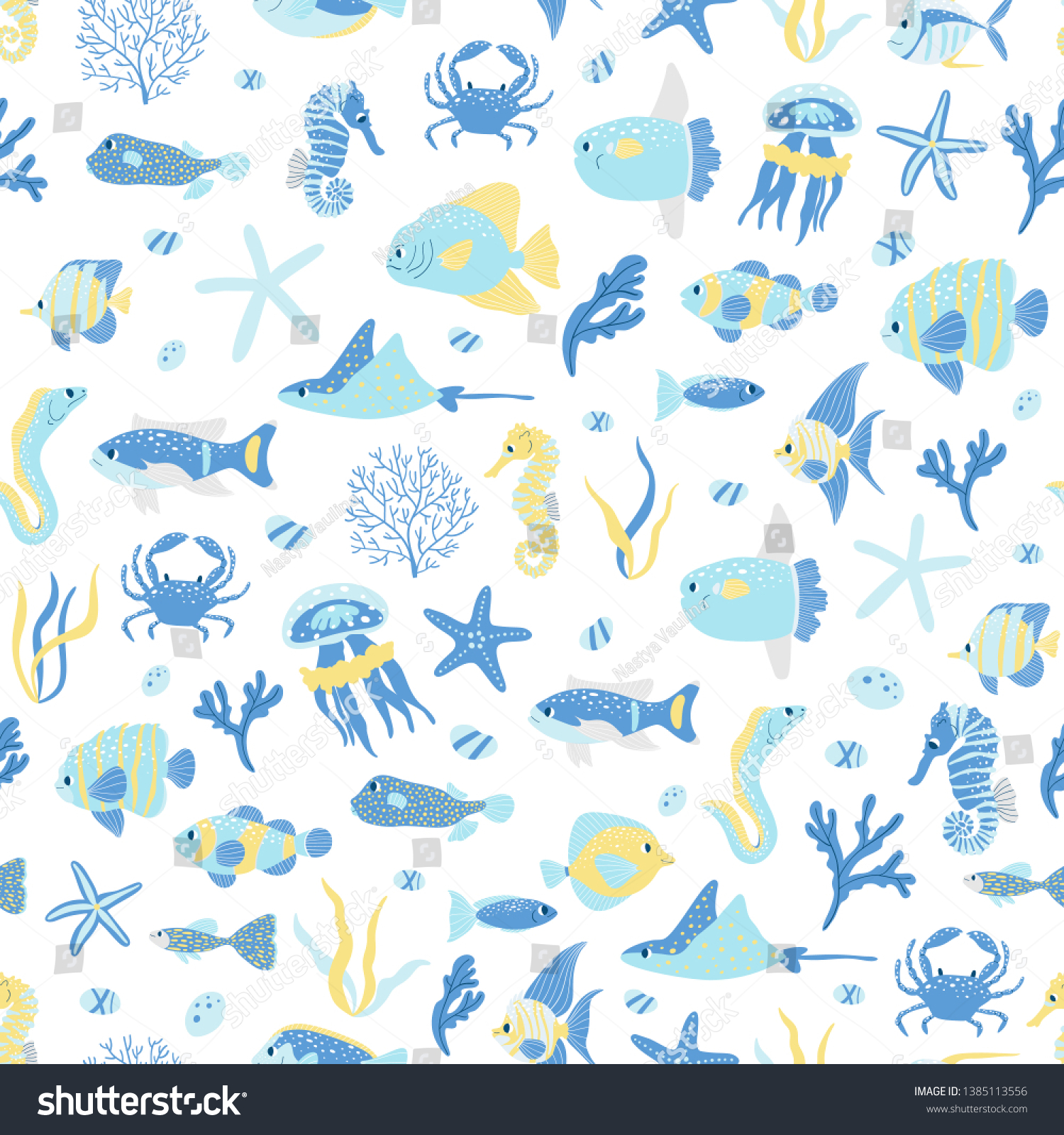 Seamless Pattern Sea Animals Stock Vector (Royalty Free) 1385113556 ...