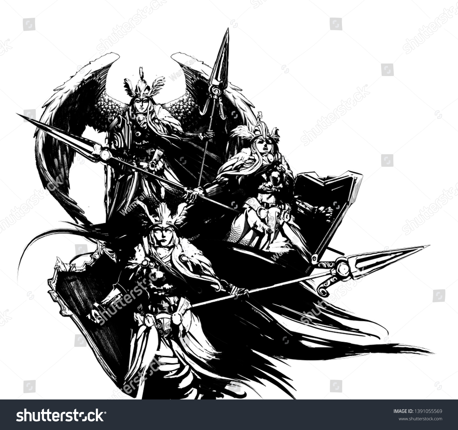 Three Valkyries Spears Shields Dynamic Composition Stock Illustration ...