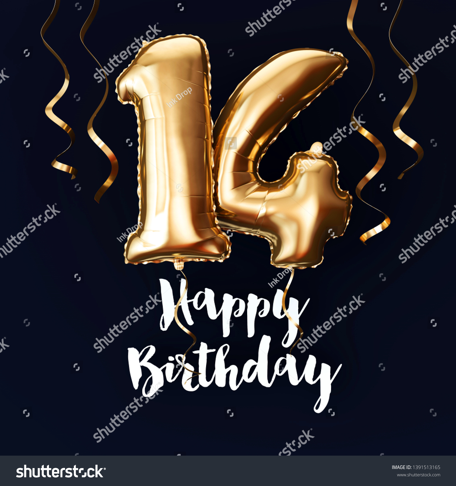 Happy 14th Birthday Gold Foil Balloon Stock Illustration 1391513165 