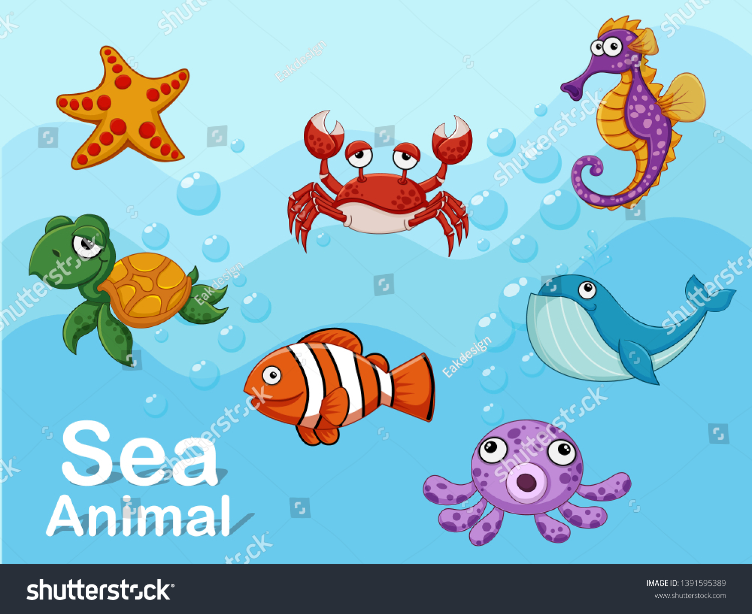 Cute Cartoon Sea Animals Underwater Vector Stock Vector (Royalty Free ...